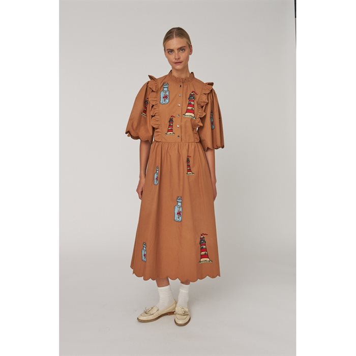 Stella Nova - Broderet Midi Kjole med Scallop Kant - Brown